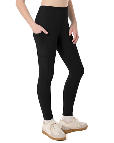 Girls Athletic Leggings with Pockets - High Waisted Yoga & Workout Pants - 12-13 Years - Black