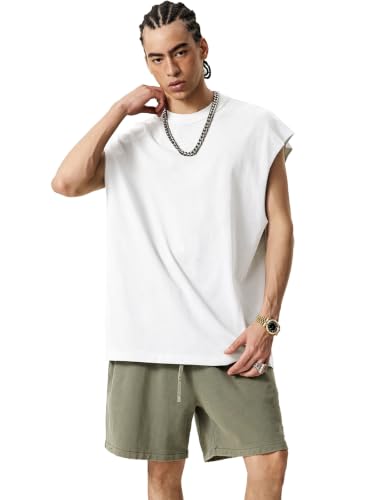 Men's Sleeveless Workout Tank Top - Large White, Muscle Cotton Gym Shirt