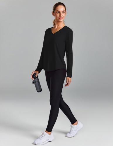 PINSPARK Long Sleeve Workout Top for Women V-Neck UPF 50+ Running Shirt Large Black
