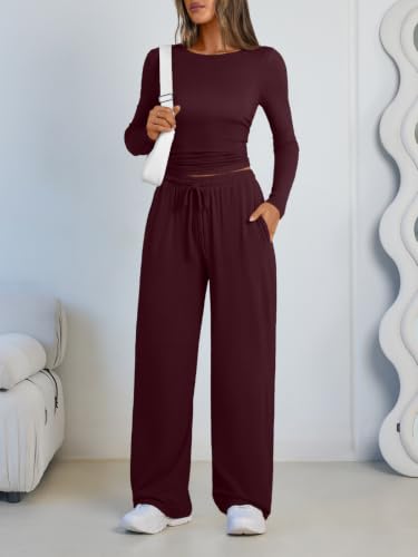 LILLUSORY 2 Piece Lounge Sets for Women - Fall 2026 Sweat Outfit Medium Wine Red