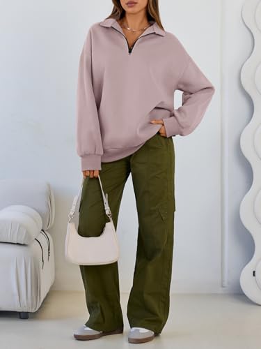 Medium Dark Pink Oversized Quarter Zip Fleece Sweatshirt for Women