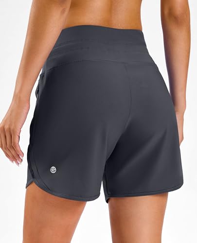 Women's 5 Inch Athletic Running Shorts with Zipper Pockets - Charcoal Large