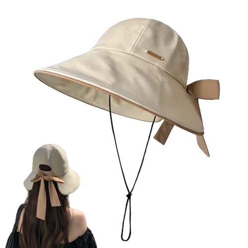 Beige Foldable Wide Brim Sun Hat for Women with Ponytail Hole - UV Protection & Bowknot