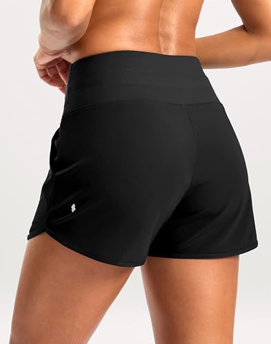Soothfeel Women's Athletic Running Shorts with Zipper Pockets - 3 Inch, Medium, Black