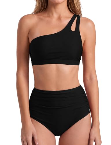 Women’s One Shoulder High-Waisted Bikini Set with Tummy Control - Medium / Black