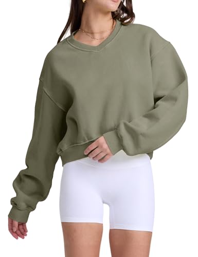 Women’s Cropped Sweatshirt with V-Neck Acid Wash, Soft Fleece, Green, Medium