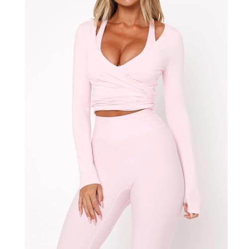 Women Pilates Wrap Top Long Sleeve Workout Yoga Shirt Cross Self Tie Going Out Crop Tops