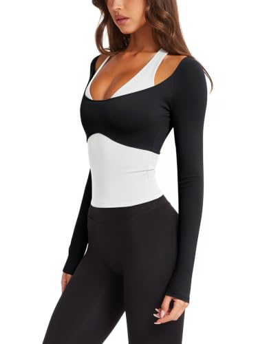 LASLULU Women's Colorblock Padded Long Sleeve Workout Top - Medium Black
