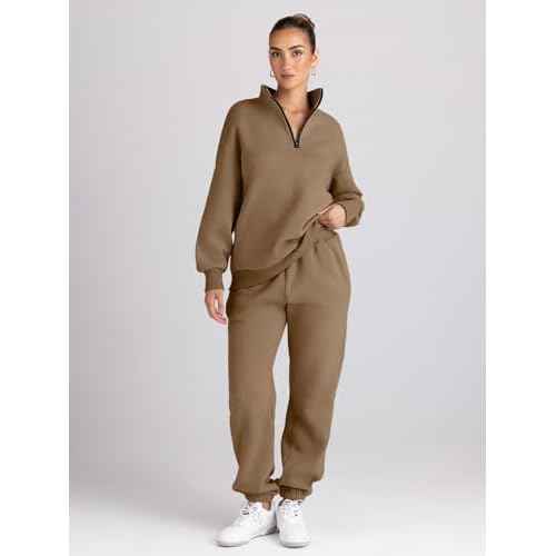 Trendy Queen Womens Sweatsuits 2 Piece Outfits Fall Lounge Sweat Sets Half Zip Sweatshirts with Baggy Sweatpants
