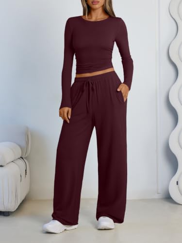 LILLUSORY 2 Piece Lounge Sets for Women - Fall 2026 Sweat Outfit Medium Wine Red
