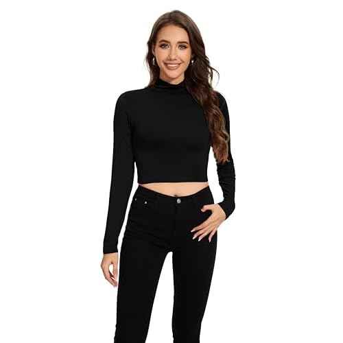MadHeart Womens Long Sleeve Crop Tops Slim Fit Cropped Mock Neck Base Layer Shirts