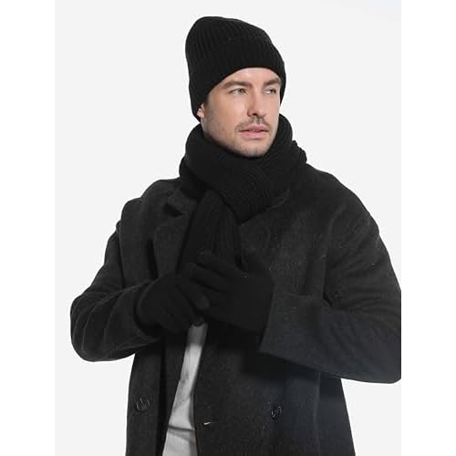 Mens Winter Beanie Hat Touchscreen Gloves Long Scarf 3 Set with Warm Fleece Lined Knit Cap Scarves for Men Women