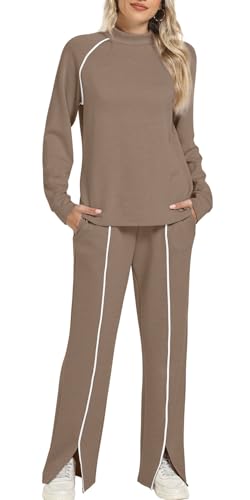 WIHOLL 2 Piece Travel Outfits for Women - Medium Khaki Track Suits & Lounge Sets