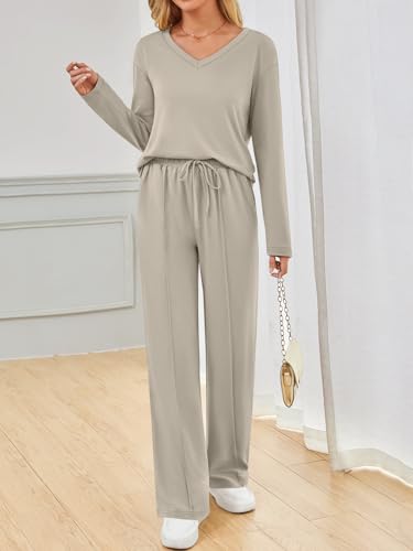AUTOMET Women's Khaki Lounge Sweatsuits 2-Piece Set Medium Fall Outfits