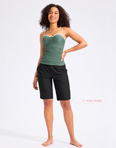 Large Black Women's 11-Inch Long High-Waisted Swim Shorts with Pockets - Modest Beach Board Shorts