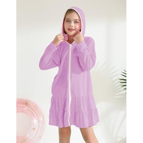 LUCKYGAL Girls Swim Cover Up Kids Long Sleeve Swimsuit Coverup Terry Beach Pool Clothes with Sunglasses