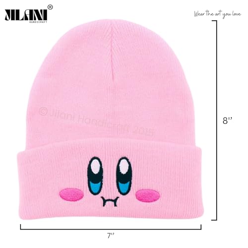 Kids Anime Beanie Hat Pink - Cute Kawaii Slouchy Embroidered Face Knit Cap for Adults
