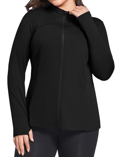Plus Size Workout Jacket for Women - Lightweight Full Zip Yoga Top with Thumb Holes - Black, XX-Large