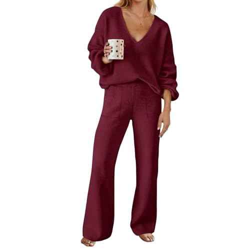 MEROKEETY Women's 2 Piece Outfits Lounge Sets Fall Winter Long Sleeve Knit Sweater Wide Leg Pant Matching Set