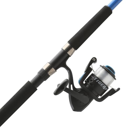 Shakespeare Tiger Surf Spinning Reel and Fishing Rod Combo with Bottom Float Rig, 9' 2-Piece Fishing Rod, Tubular Fiberglass Rod Blank Construction, Comfortable and Durable EVA Handle