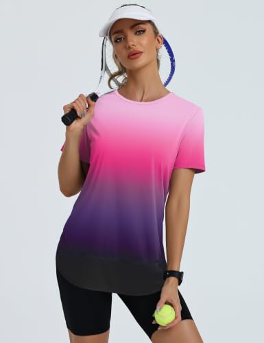 Women’s Workout Tops Short Sleeve Sun Protection Shirt Large Purple Black Gradient