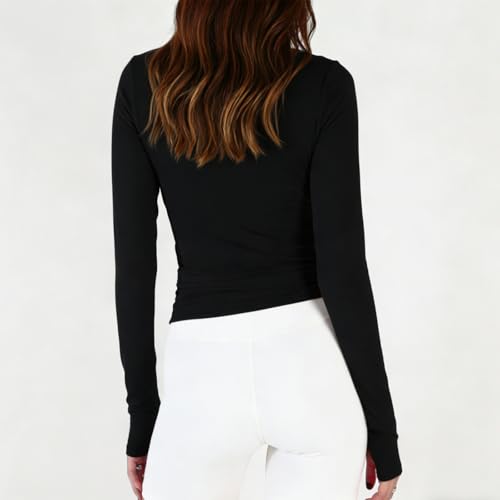 Women Crop Wrap Top Long Sleeve Activewear Shirt - Black, Small
