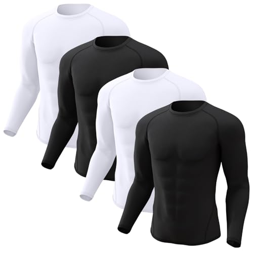 Men's Compression Rash Guard Shirts 4 Pack Long & Short Sleeve Workout Tops - Black & White