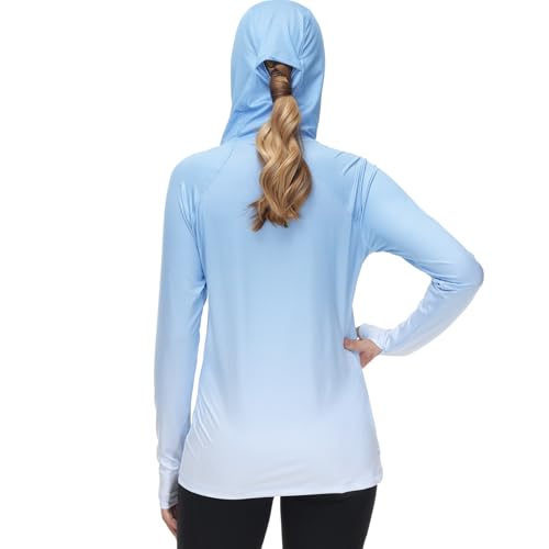 Women's Fishing Hoodie Shirt with Face Mask and Thumb Holes - UPF 50+ Sky Blue Spot Gradient - Medium