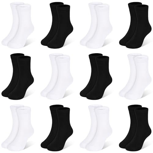 Kids Socks 12 Pairs Crew Socks for Toddler Boys Girls 1-14 Years - Variation: 7-10 Years, Black & White