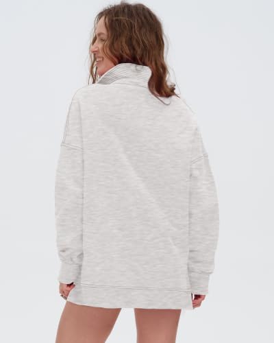 Women's Oversized Sweatshirt with Snap Button Henley Neck - Light Grey, Medium