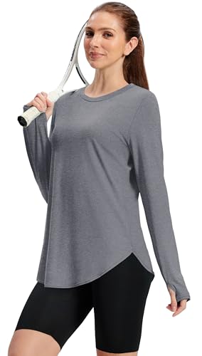 NIASHOT Women's Long Sleeve Workout Top with Thumb Holes - Grey, Large, UPF 50+ Sun Protection