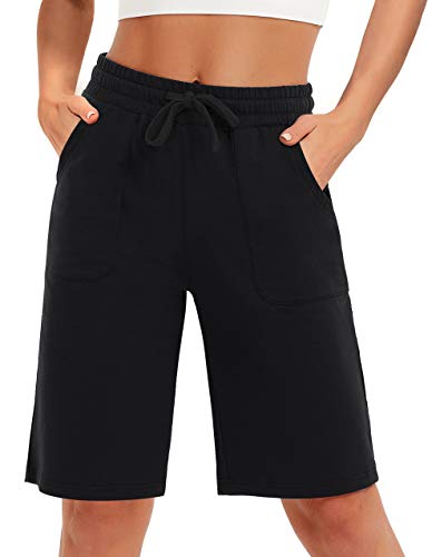 Women's Bermuda Shorts - Black, Large, 10 Inch Sweat Shorts for Women