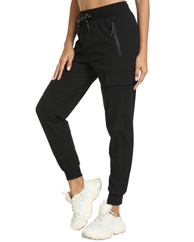 Women's Lightweight Hiking Cargo Joggers with 4 Pockets - Dark Black, Large