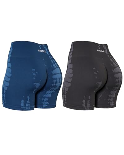 Aurola Women's Scrunch Biker Shorts - Seamless Workout Shorts, Serpent Pattern, Medium, Water Blue & Chestnut Brown Pack