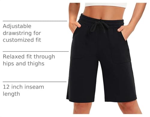 Women's Bermuda Shorts - Black, Large, 10 Inch Sweat Shorts for Women