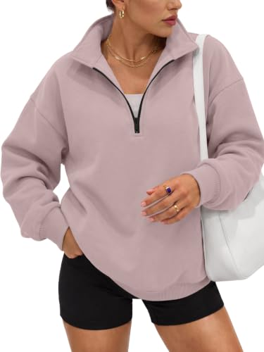 Medium Dark Pink Oversized Quarter Zip Fleece Sweatshirt for Women