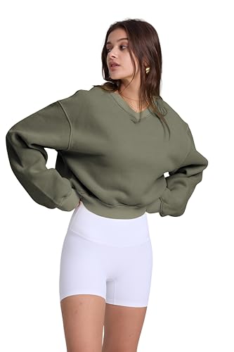 Women’s Cropped Sweatshirt with V-Neck Acid Wash, Soft Fleece, Green, Medium