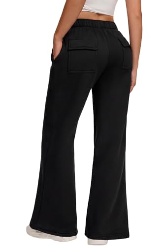 Women's Flare Wide Leg Sweatpants - Fleece Lined Lounge Pants Medium Black