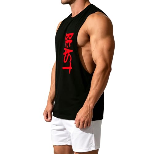 Men's Black Large Tank Top Workout Sleeveless Gym Muscle Tank Shirt - CUIFUTANG
