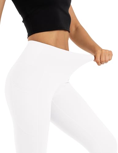 High Waisted Lounge Leggings with Inner Pocket - Buttery Soft Tummy Control Yoga Pants for Women, White, Large, Two Side Pockets