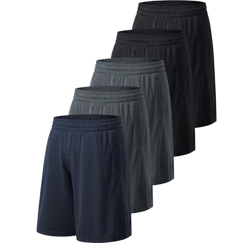Men's Athletic Shorts with Pockets - 5 Pack Black Grey Navy Large Activewear