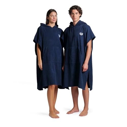 ARENA Unisex Cotton Poncho Soft Hooded Towel with Front Pocket Easy Changing Post Swim Warmth and Comfort for Beach Pool or Surf, Navy/White, Large/X-Large