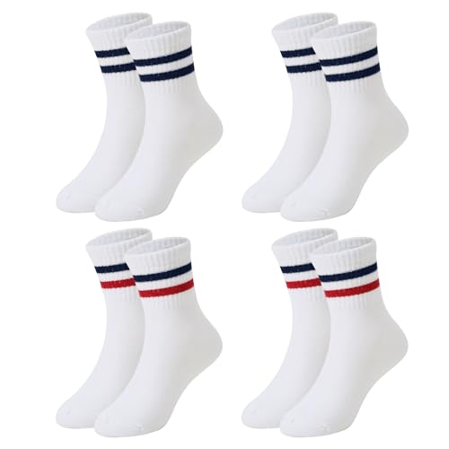 Kids Athletic Crew Socks with Retro Stripes - 4-Pack for Ages 4-12