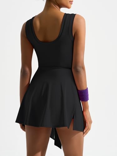Women's High Neck Tennis Dress with Sleeveless Wrap Skirt and Built-in Shorts - Medium Black