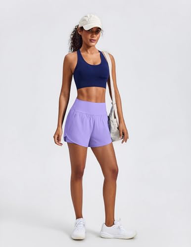 PINSPARK Women's 2 in 1 High Waisted Athletic Running Shorts - Small Lilac with 2 Zip Pockets