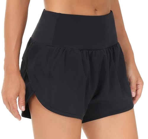 Women's High Waisted Running Shorts - Quick Dry Workout Shorts, Black, Large