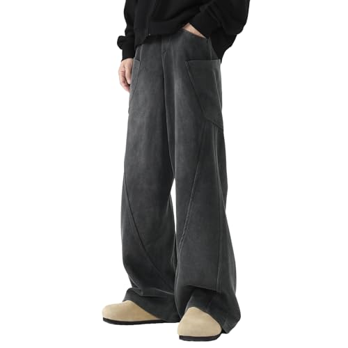 Large Acid Wash Men's Teen Y2K Baggy Wide Leg Sweatpants with Pockets - Black