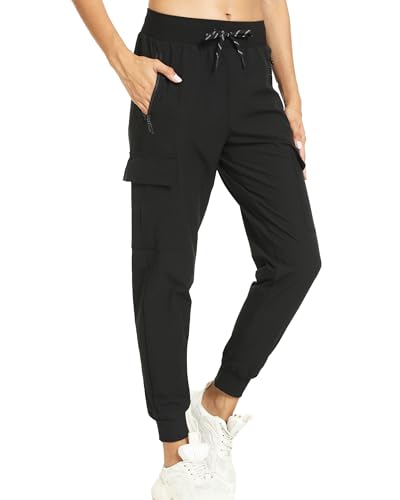 Women's Lightweight Hiking Cargo Joggers with 4 Pockets - Dark Black, Large