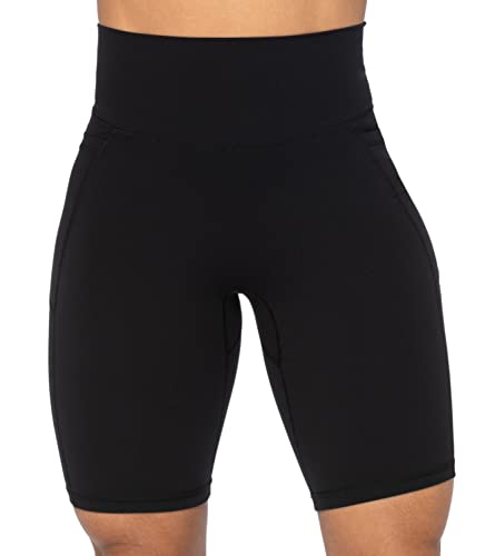 Sunzel Women's High Waist Biker Shorts with Pockets - No Front Seam, 8 Inch Inseam, Large, Black