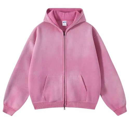 Pink Men's Oversized Hoodies Zip Up Acid Wash Vintage Sweatshirt Large